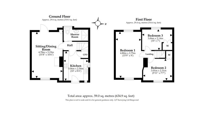 The floor plan for 1 Coleton Barton, showing the ground floor with entrance hall, utility room and stairs, and the first floor with open-plan kitchen, dining and sitting room, bathroom, bedroom, dressing room and shower room.